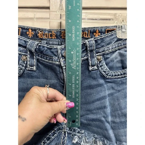 Rock Revival Cut Off Booty Denim Jean Short Size 28 Embroidered/Studs Low Rise - Picture 3 of 8